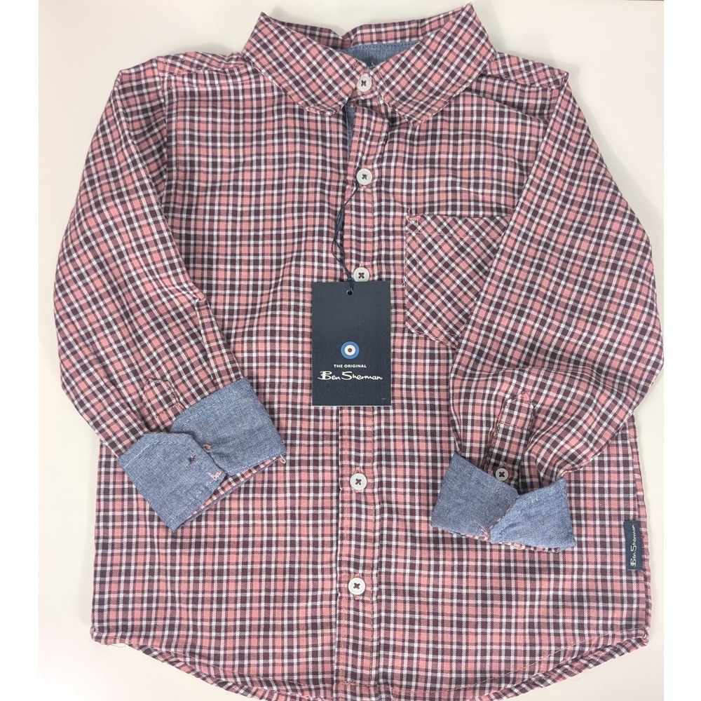 Ben Sherman Button Down Shirt Boys 3T Pink Navy Gingham Plaid‎ Long Sleeve NWT